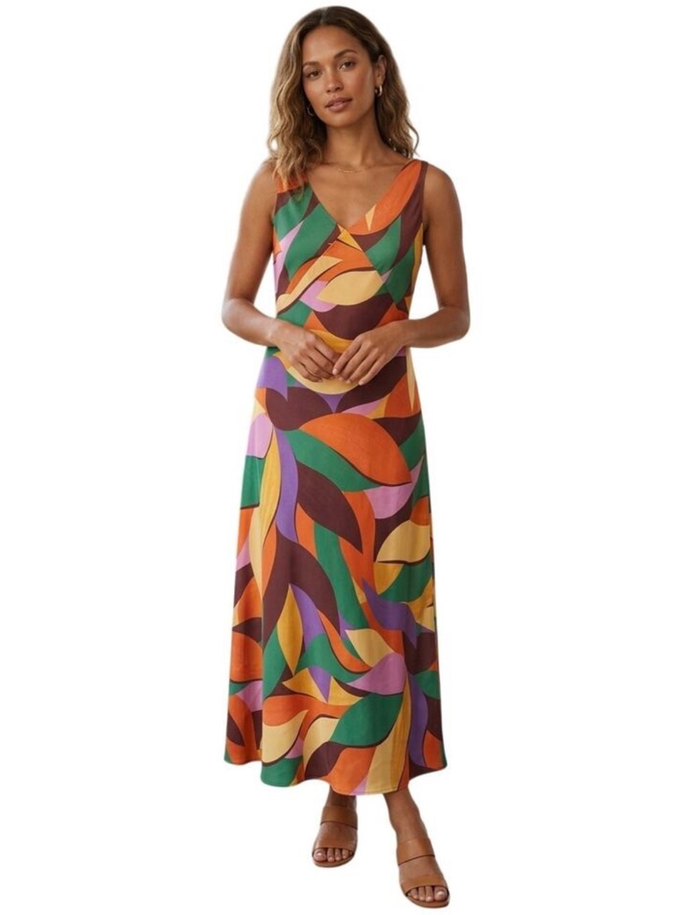 Joie Multicolor Abstract Leaf-Print V-Neck Maxi Dress Size L - Picture 1 of 10